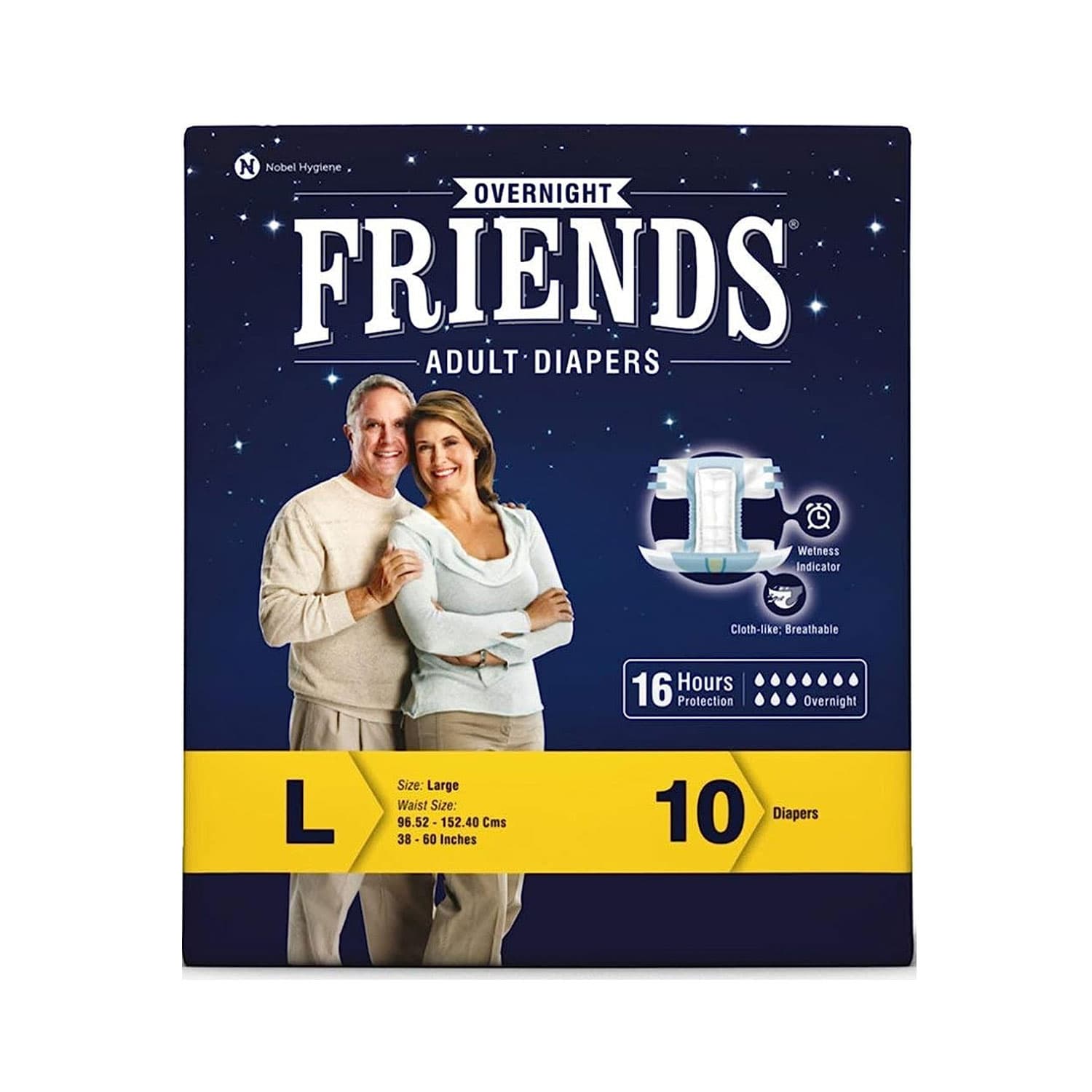 Friends Overnight Adult Diapers, Tape Style, 16 Hours Protection Large Waist Size 96.52-152.40 cm (10 Diapers)