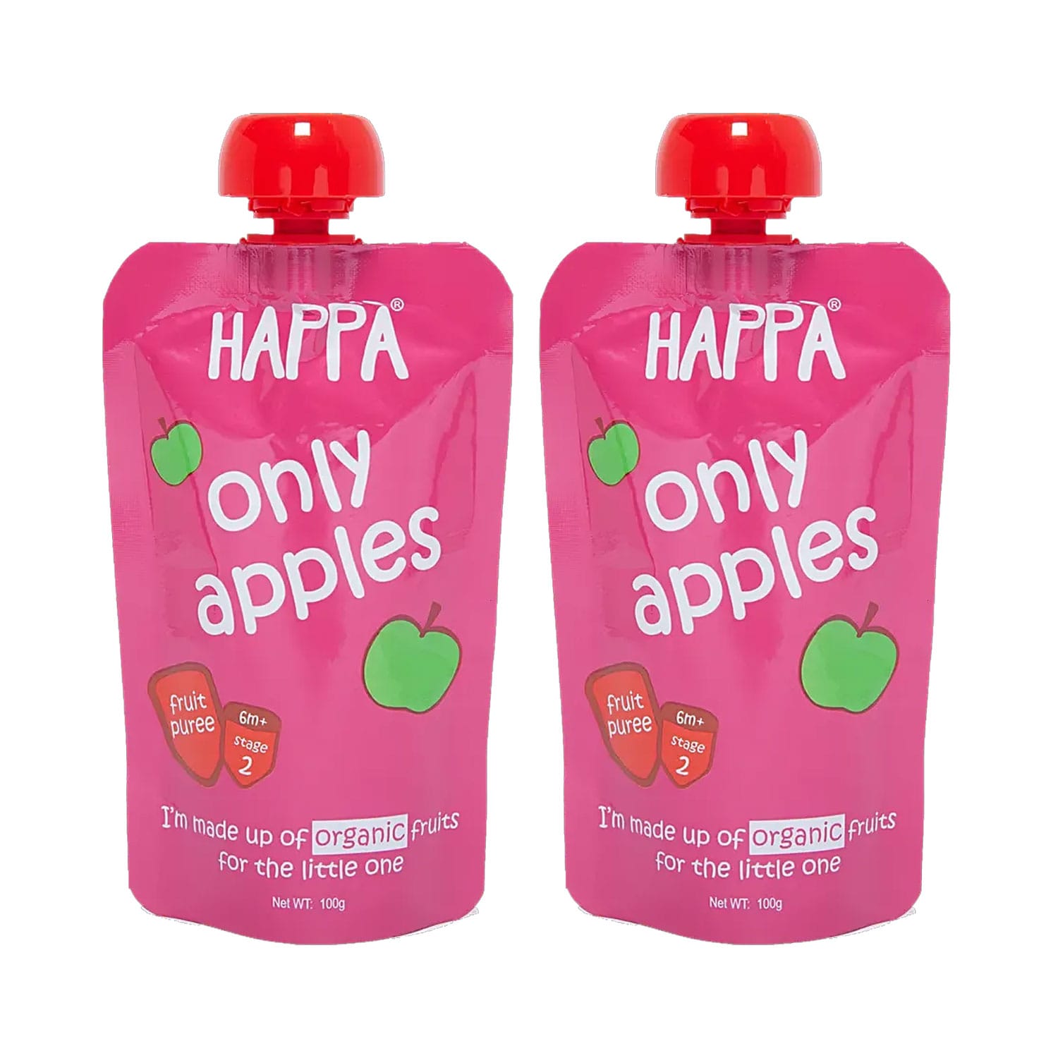 Happa Organic Only Apple Puree, Stage 2, 6 Months+, 100g Each (Pack of 2)