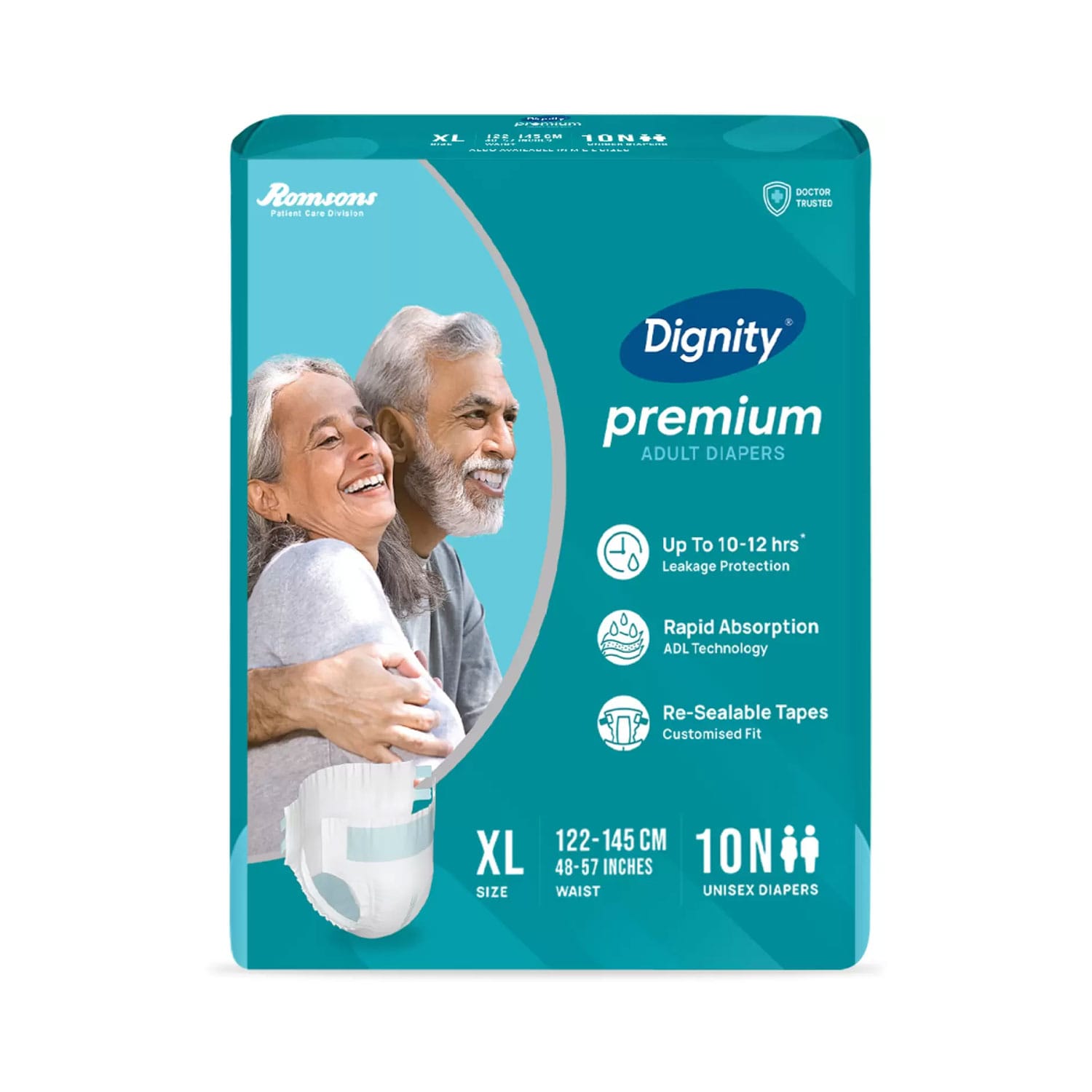 Romsons Dignity Premium Adult Diapers, Medium, Waist Size 28"- 45", 10 Diapers