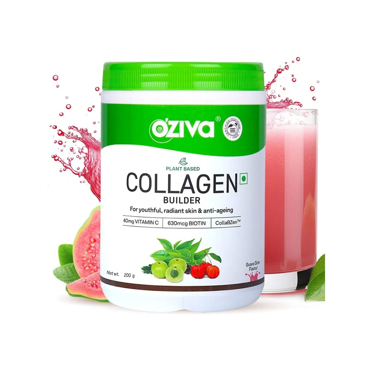 OZiva Plant Based Collagen Builder For Youthful and Radiant Skin - Guava Glow, 200 g