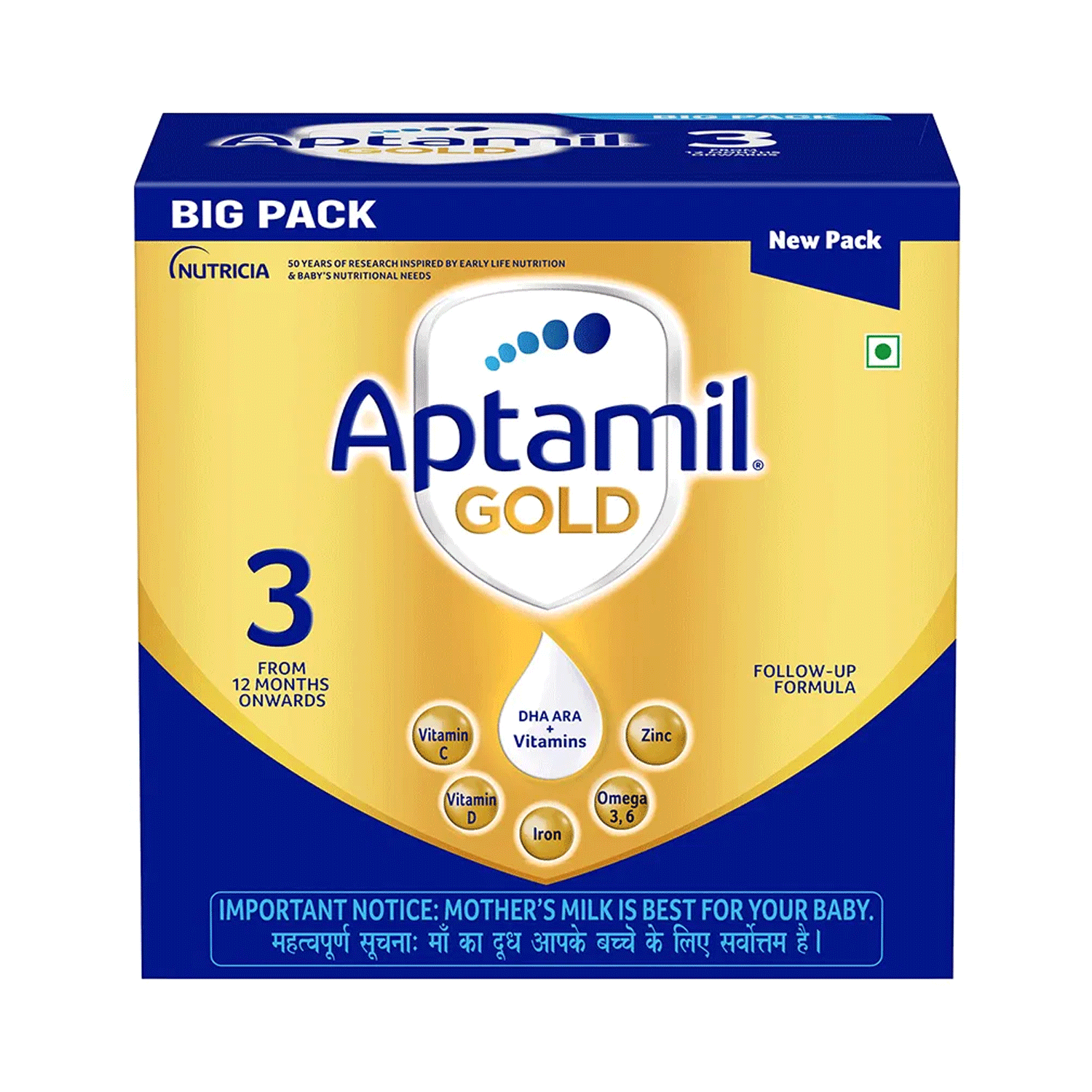 Aptamil Gold 3 Follow up Infant Formula Powder (After 12 months), Stage 3 - 1.2kg Bag-In-Box