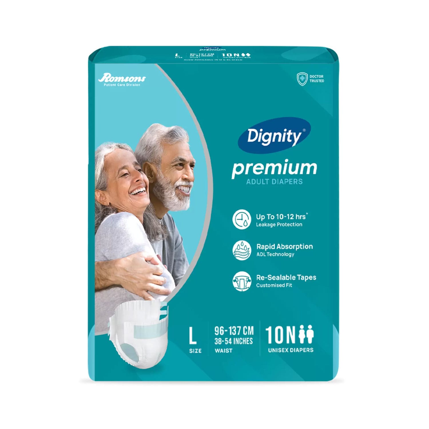 Romsons Dignity Premium Adult Diapers, Large, Waist Size 38" - 54", 10 Pcs