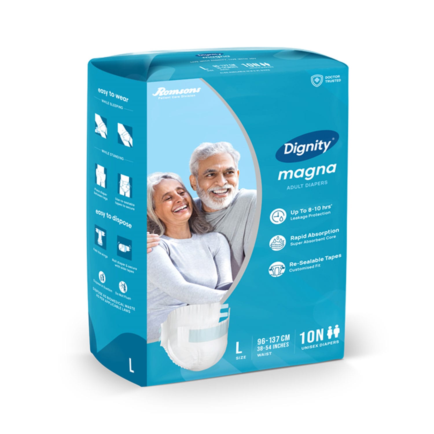 Romsons Magna Adult Diaper Large Waist Size 38-54 inches - 10 Diapers
