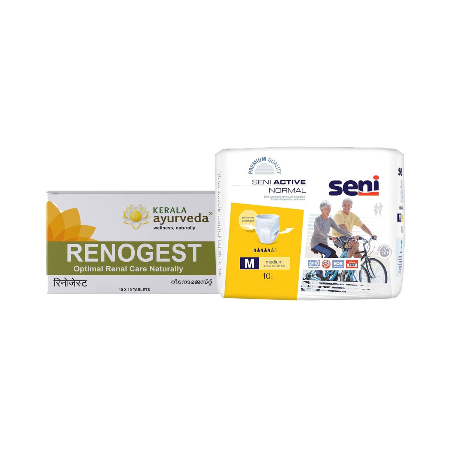 Heavy Incontinence (Kerala Ayurveda Renogest Tablet -100 Nos + Seni Active Normal Adult Diapers Pant Style - 10 Pieces)