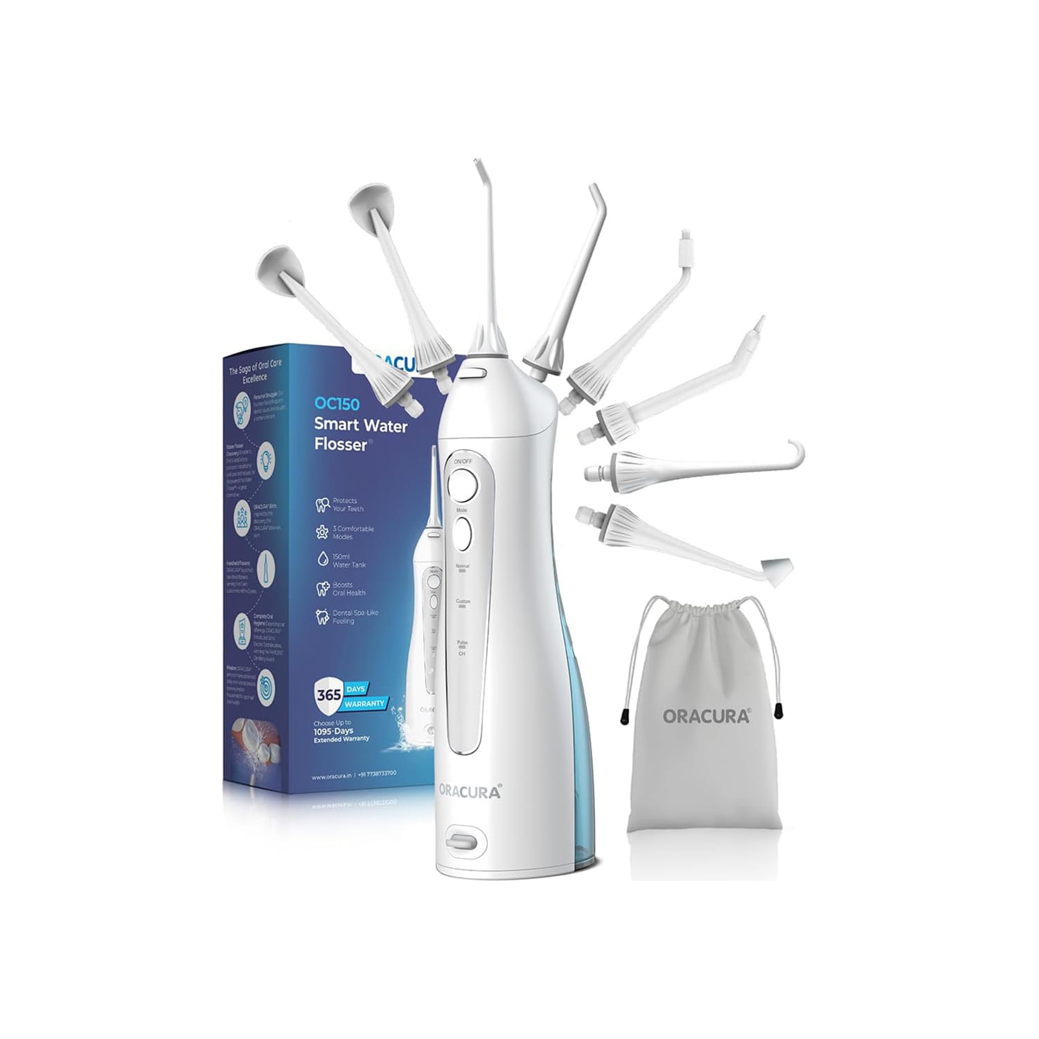 Oracura Smart Water Flosser OC150 Dental Pro 8 Tips (White)