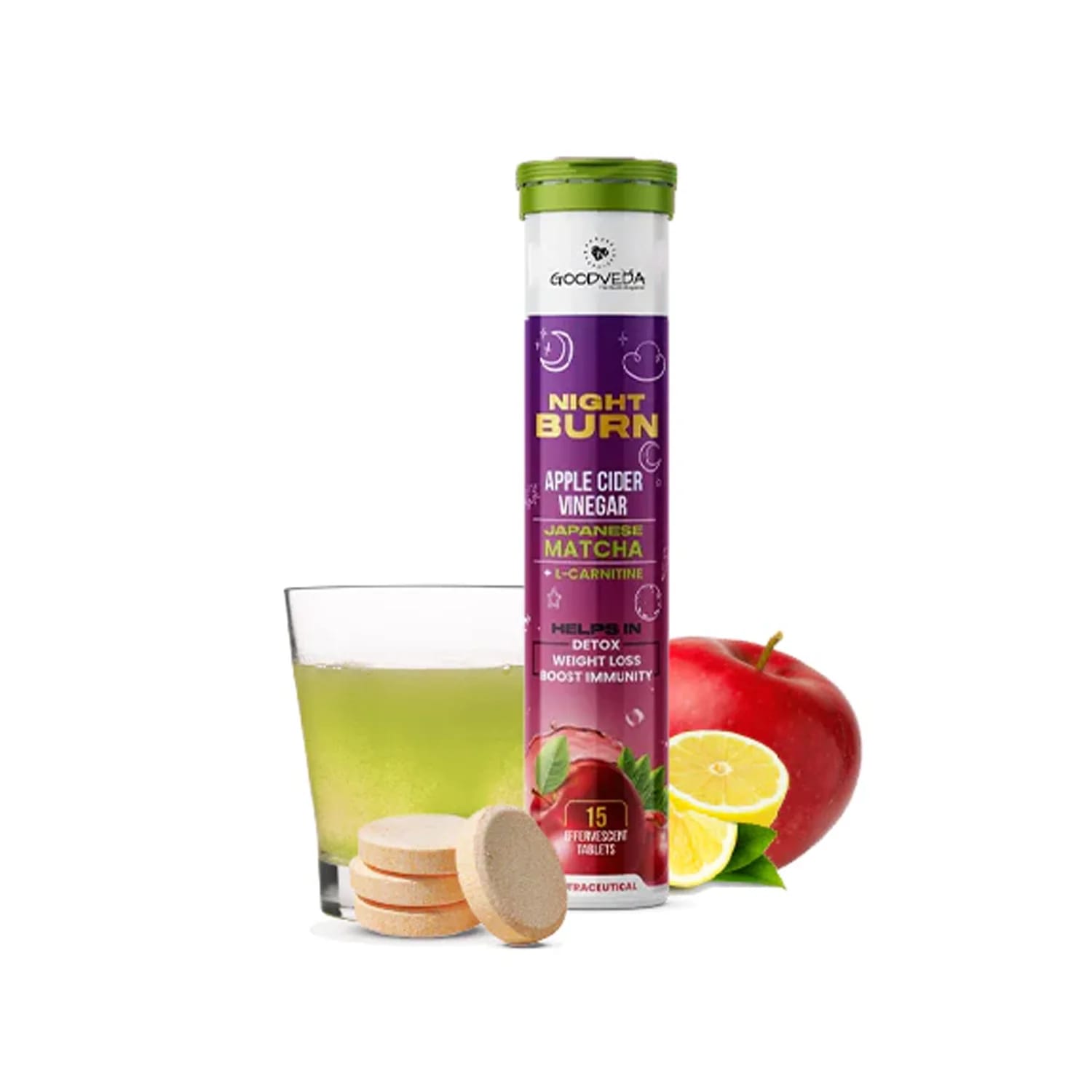 Goodveda Night Burn with Apple Cider Vinegar Japanese Matcha Effervescent (15 Tablets)