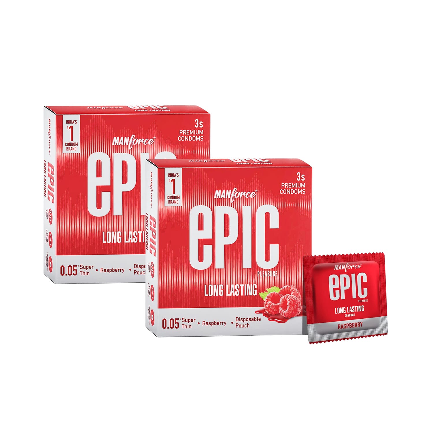 Manforce Epic Condoms Long Lasting Pleasure Raspberry Flavour 3 Condoms in 1 Pack - (Pack of 2)