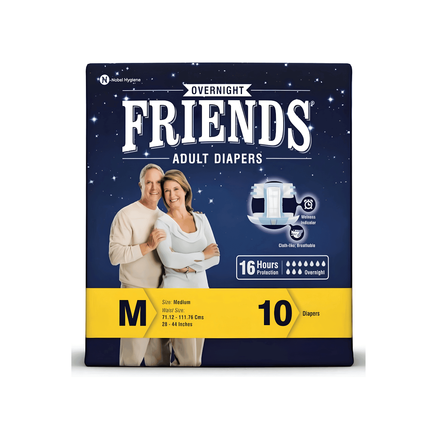 Friends Overnight Adult Diapers, Tape Style, 16 Hours Protection Medium Waist Size 28-44 Inches(10 Diapers)