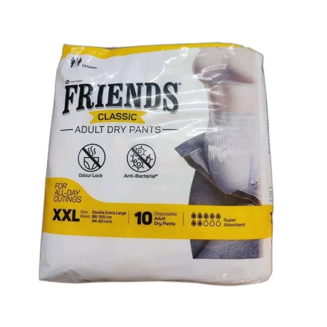 Friends Classic Adult Diapers, Pant Style, 8 Hours Protection XXL Waist Size 86-165 cm (10 Diapers)