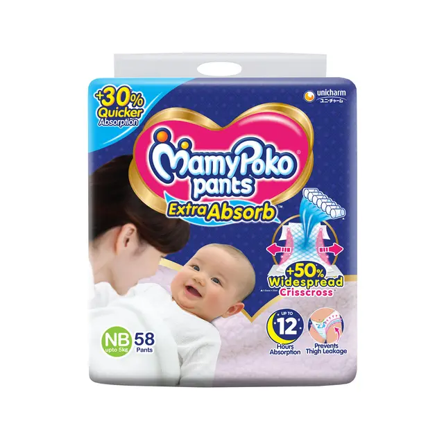 MamyPoko Pants Extra Absorb Newborn Pant Style Diaper NB (Fits baby with 0-5 Kg weight) 58 Diapers