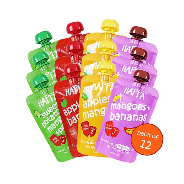 Happa Organic Food for little one, Fruit Puree (Apple+Mango, Mango+Banana, Apple+Banana, Sweet Potato+Mango+Pear) 100g Each (Pack of 12)