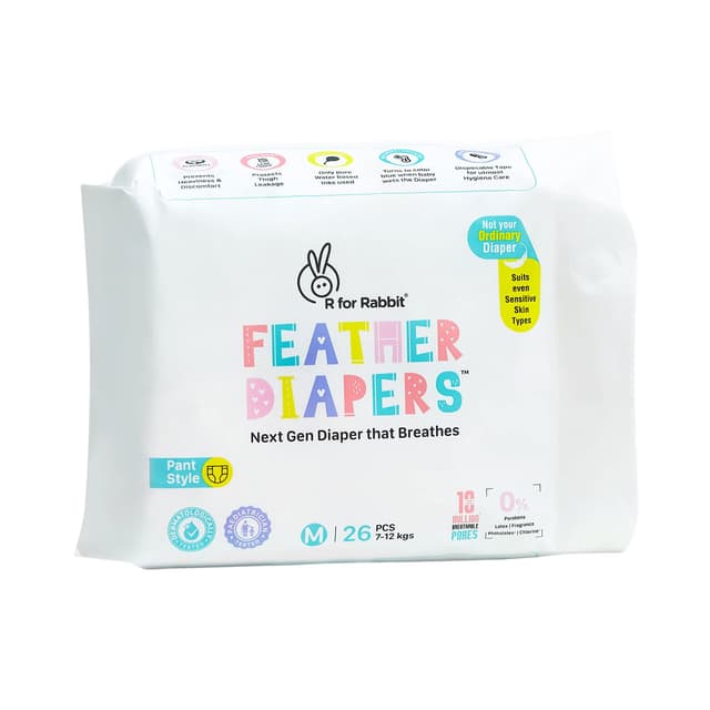 R for Rabbit Feather Pant Style Diapers (Fits Baby from 7 to 12 Kg Weight) Medium - 26 Pieces