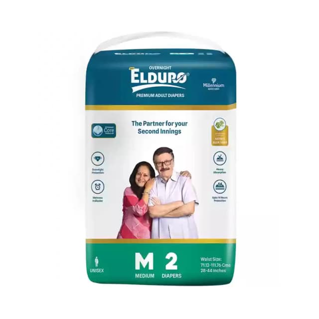 Elduro Premium Open Tape Diaper with Wetness Indicator 28 to 44 Iches - Medium (2 Diapers)