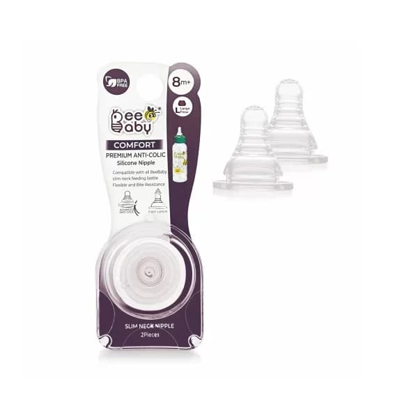 BeeBaby Comfort Anti-Colic Silicone Nipple with Carrying Case Fast Flow for Babies from 8 + Months (Pack of 2)
