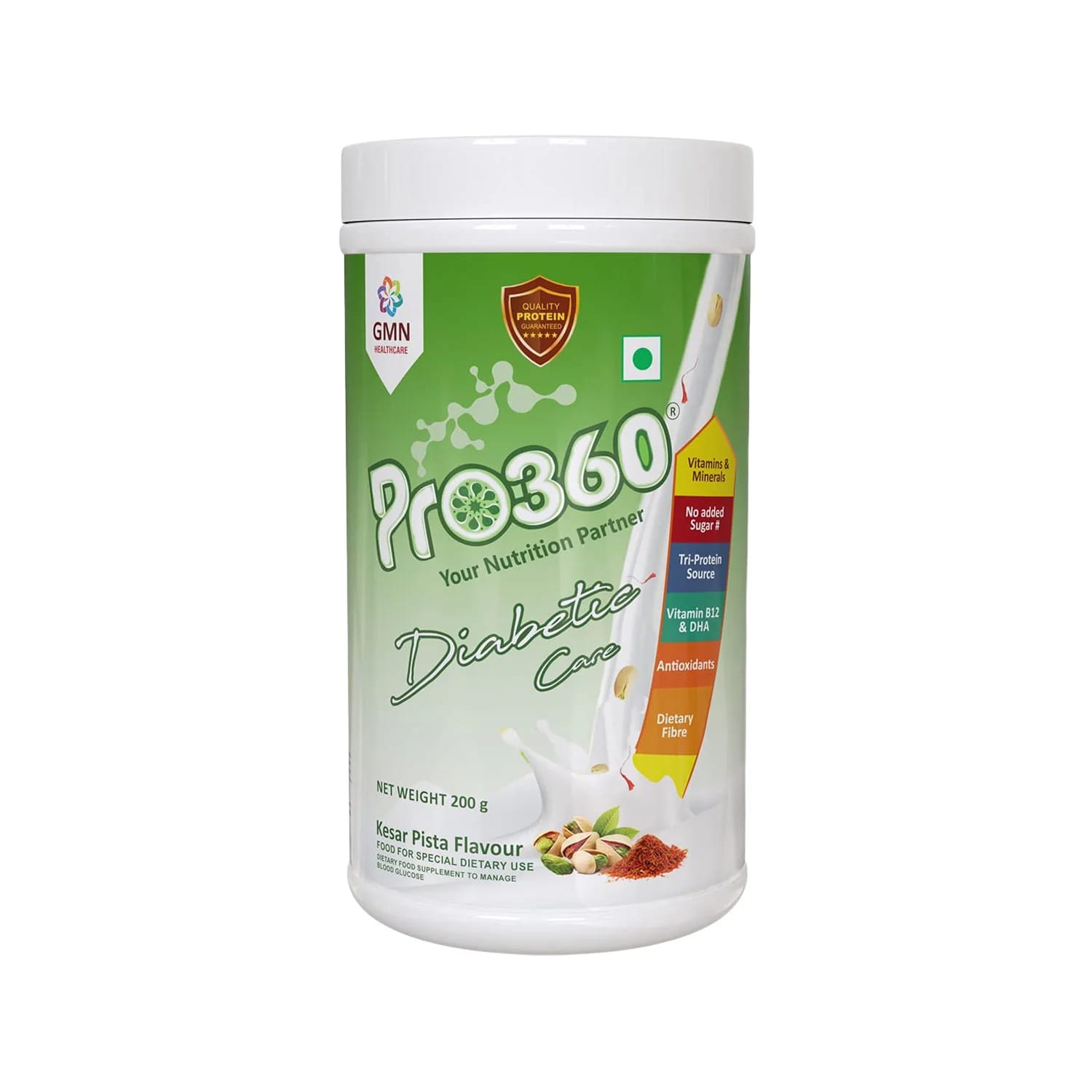 GMN Pro360 Diabetic Nutrition Powder Kesar Pista Flavour (200g Jar)