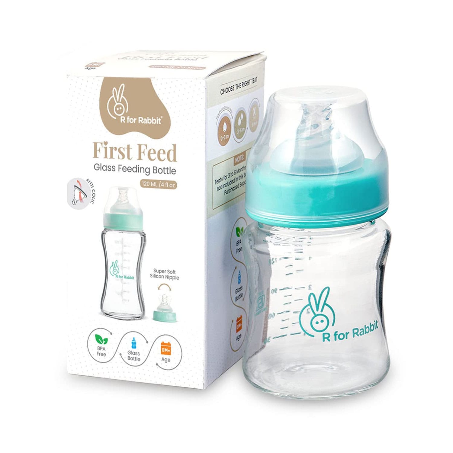 R for Rabbit First Feed Baby Feeding Glass Bottle for 0+ Month Babies 120ml (Sea Green)