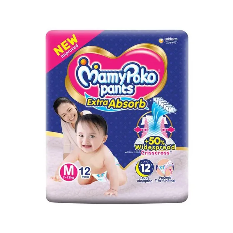 MamyPoko Extra Absorb Diaper- Pant Style (Fits baby with 7-12 kg weight) Medium, 12 Diapers
