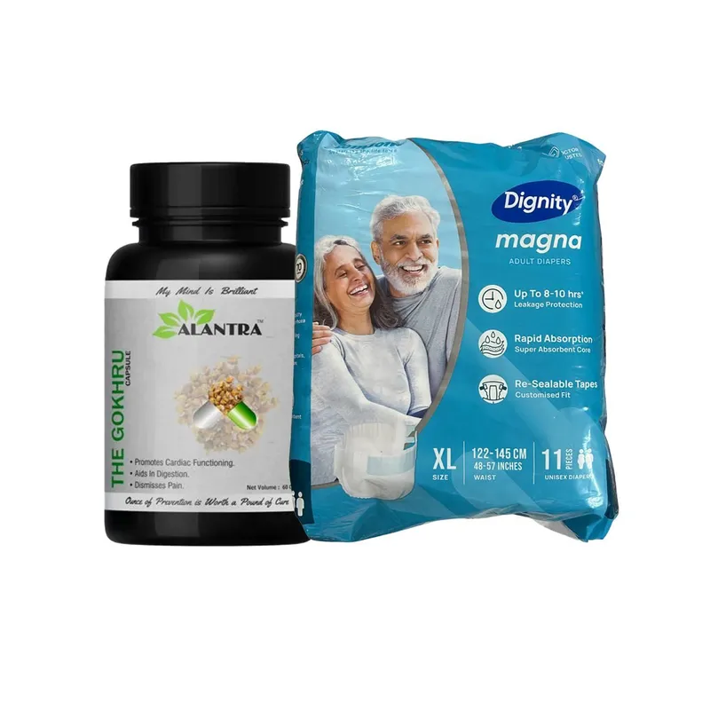 Heavy Incontinence (Alantra The Gokhru Capsule - 60 nos + Romsons Magna Adult Diaper XL 10 nos)
