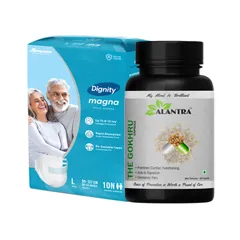 Heavy Incontinence (Alantra The Gokhru Capsule - 60 nos + Romsons Magna Adult Diaper Large Size 10nos)