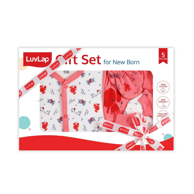 LuvLap Newborn Baby Gift Set (5Pcs) - White Zoo Animal Print (M.No 19367)