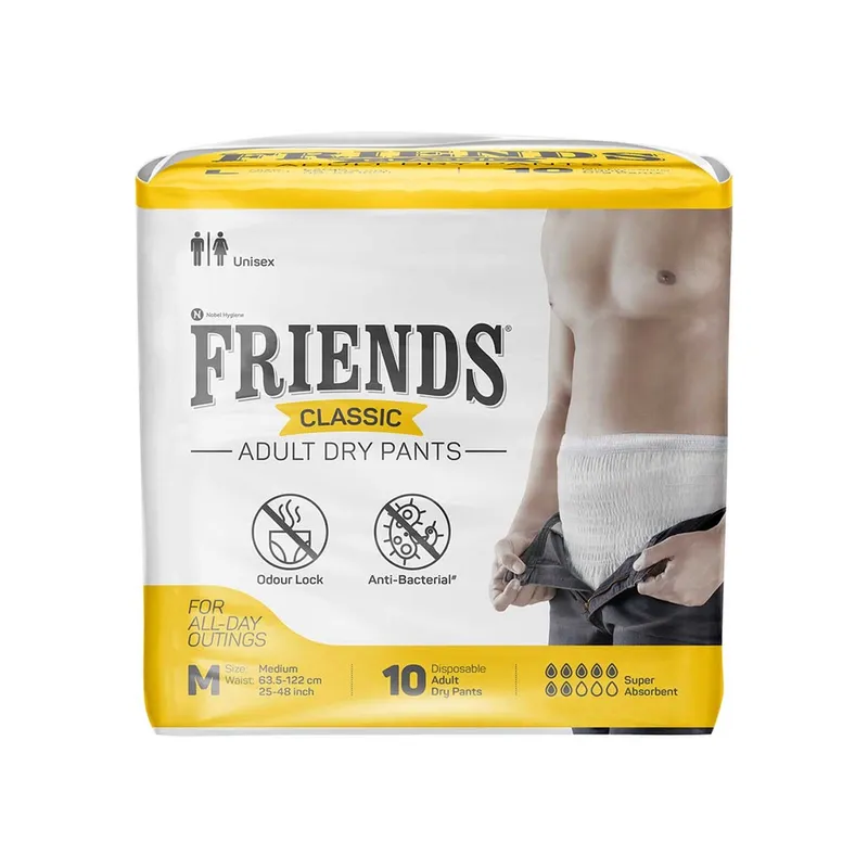 Friends Classic Adult Diapers, Pant Style, 8 Hours Protection Medium Waist Size 63.5 to 122 cm (10 Diapers)