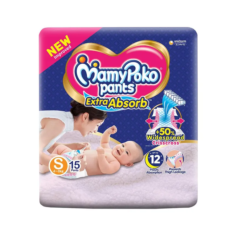 MamyPoko Extra Absorb Diaper- Pant Style (Fits baby with 4-8 kg weight ) Small, 15 Diapers