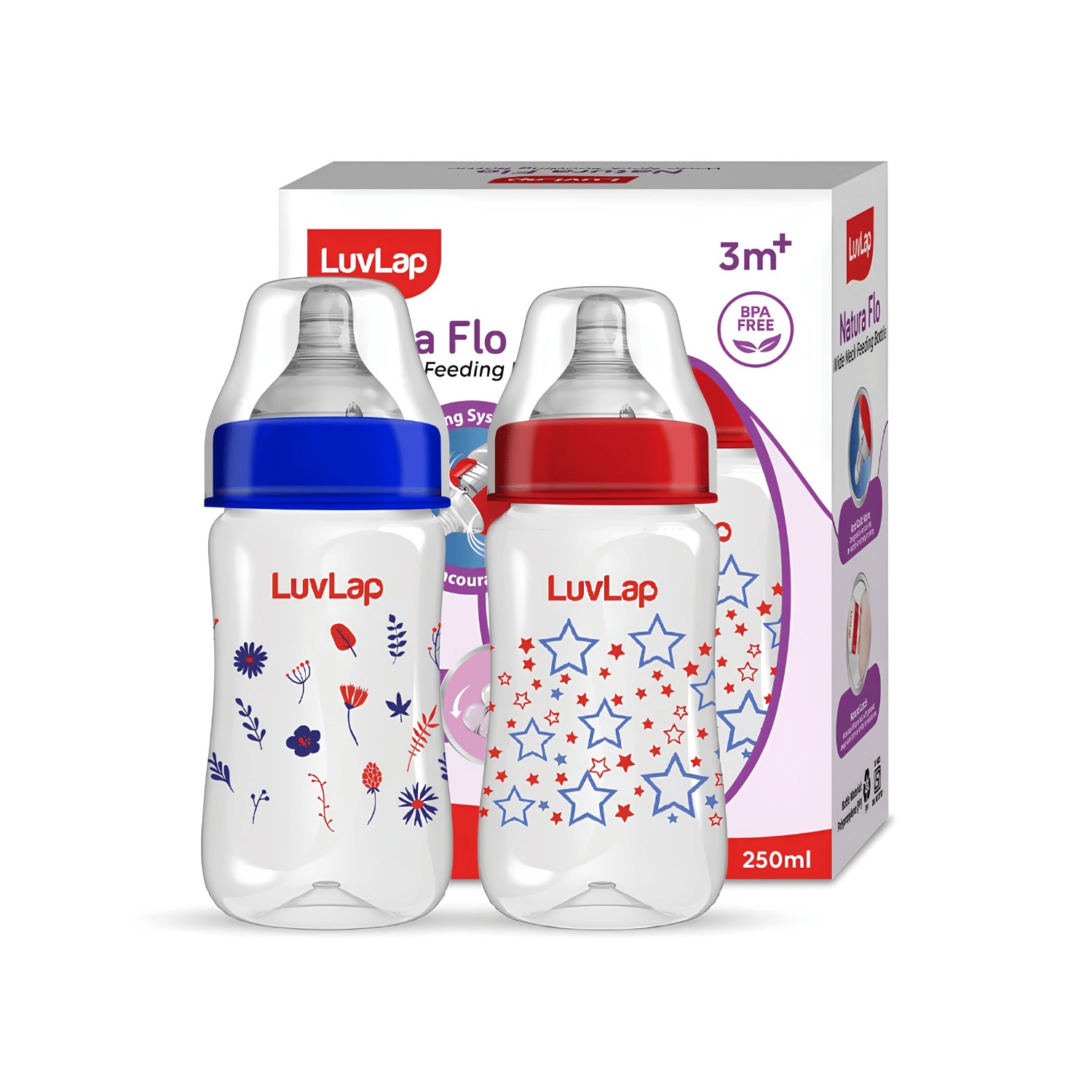 LuvLap Anti-Colic Wide Neck Natura Flo Baby Feeding Bottle Printed - 250ml (Pack of 2) (M.No 18914)