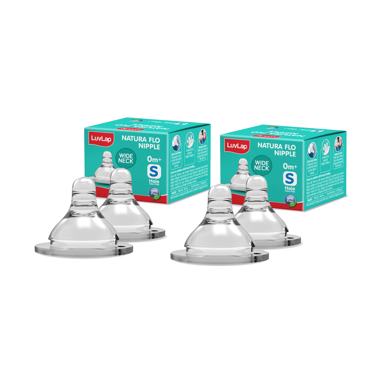 LuvLap Anti-Colic Natura Flo Teat/Nipple for Wide Neck Bottle - Slow Flow For 0m+Baby (Pack of 2)