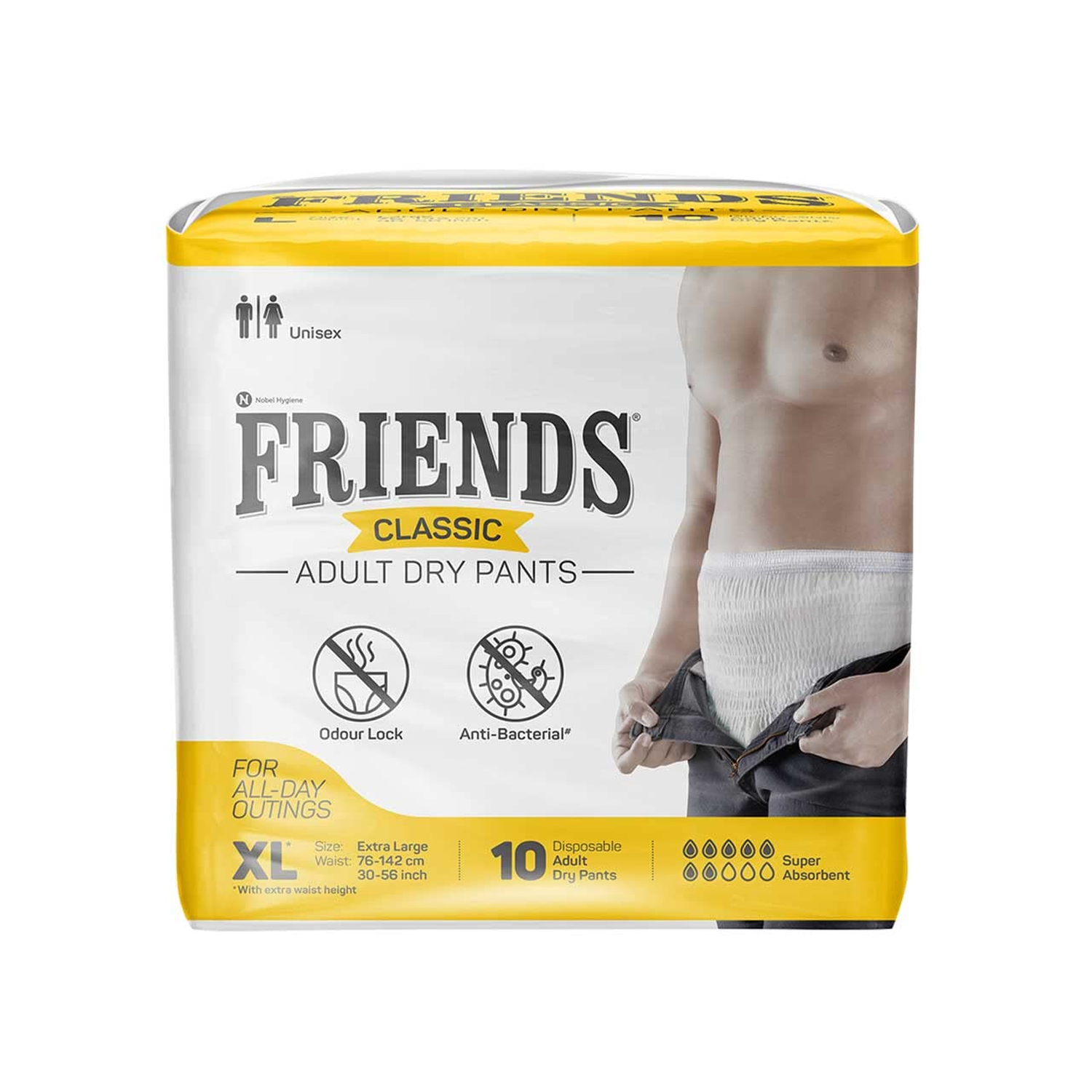 Friends Classic Adult Diapers, Pant Style, 8 Hours Protection Medium Waist Size 63.5 to 122 cm (10 Diapers)