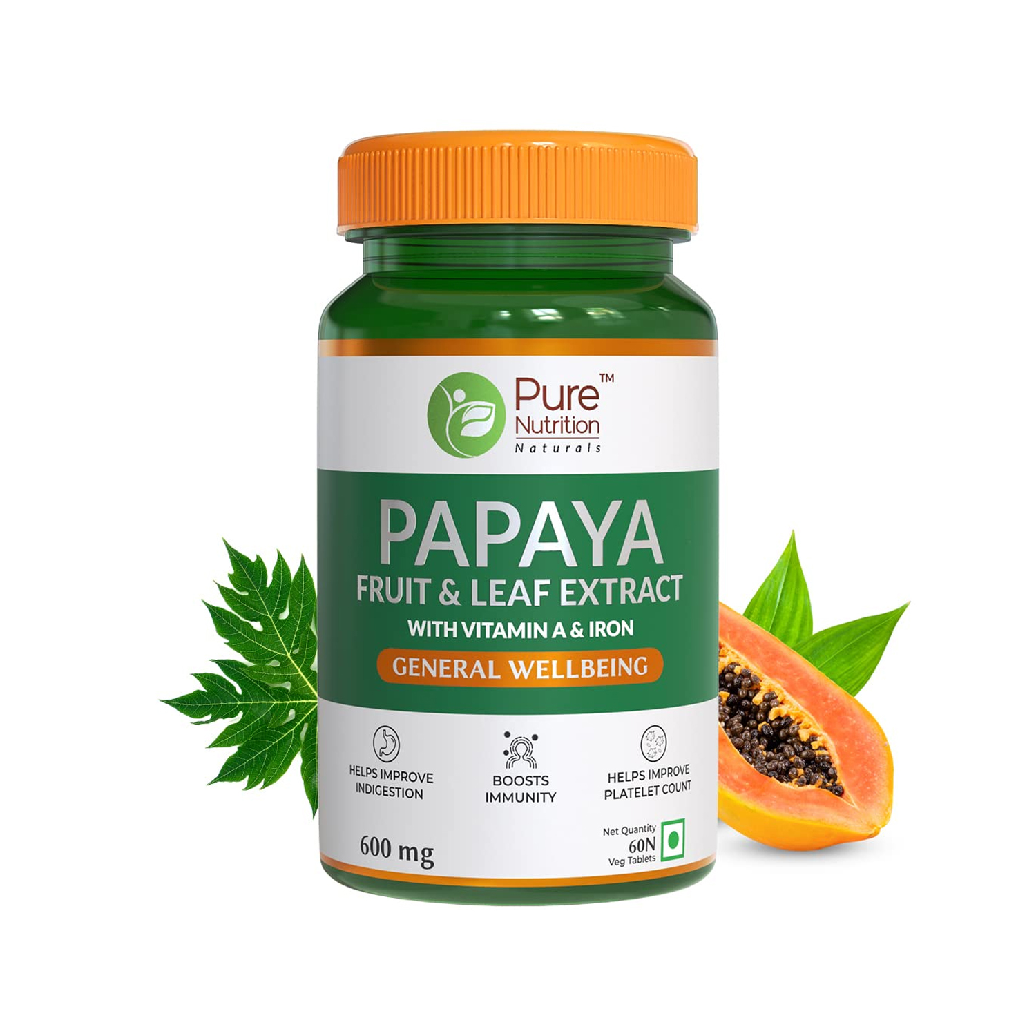 Pure Nutrition Papaya Fruit And Leaf Extract (60 Veg Capsule)