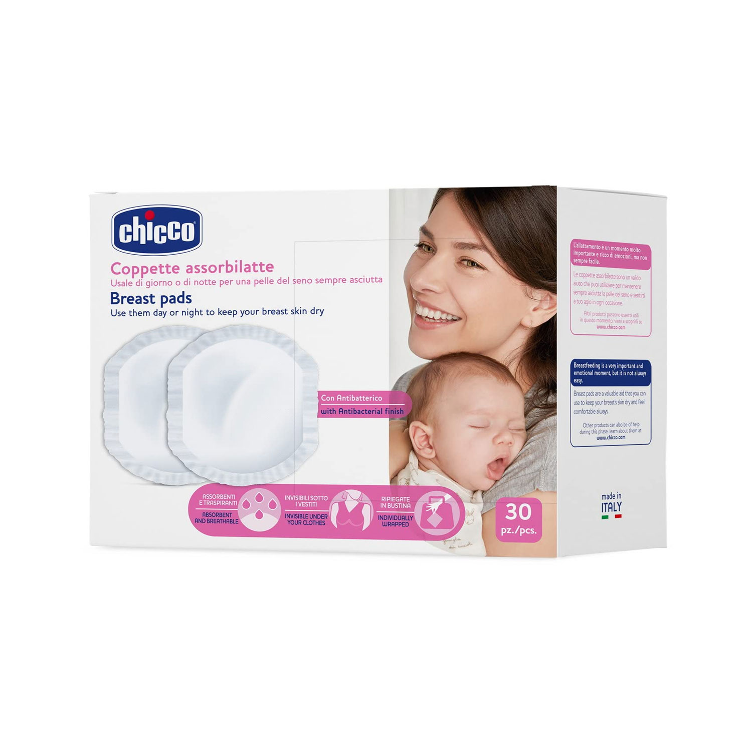 Chicco Breast Pads With Anti-Bacterial Fabric White (30 Pcs)