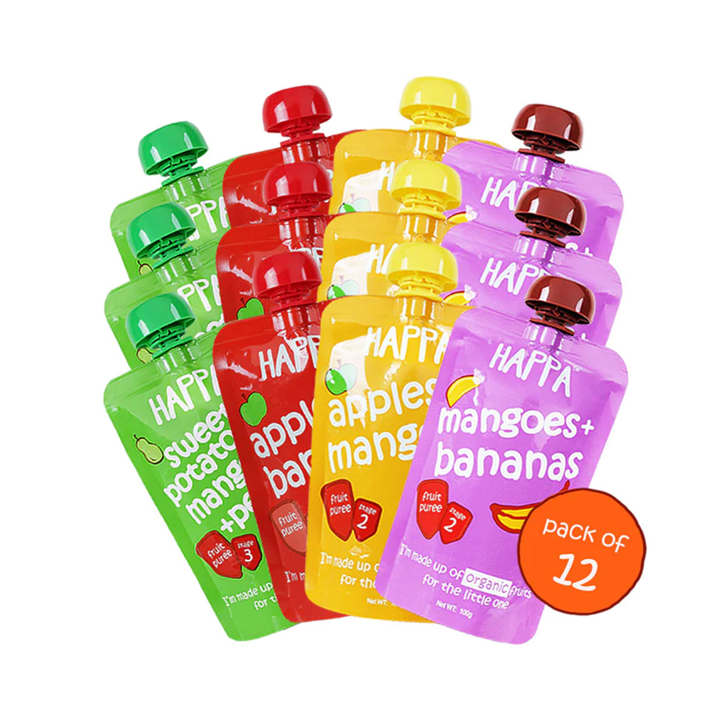 Happa Organic Food for little one, Fruit Puree (Apple+Mango, Mango+Banana, Apple+Banana, Sweet Potato+Mango+Pear) 100g Each (Pack of 12)