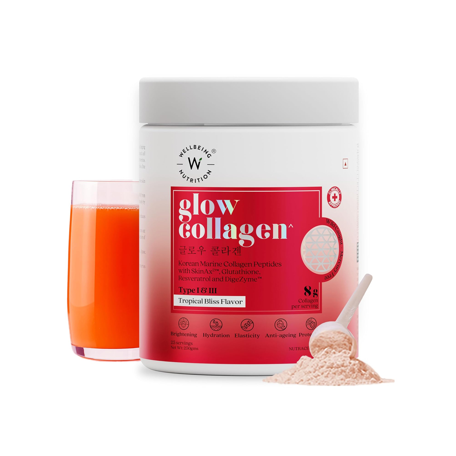 Wellbeing Nutrition Glow Korean Marine Collagen Peptides Tropical Bliss Flavour (250g)
