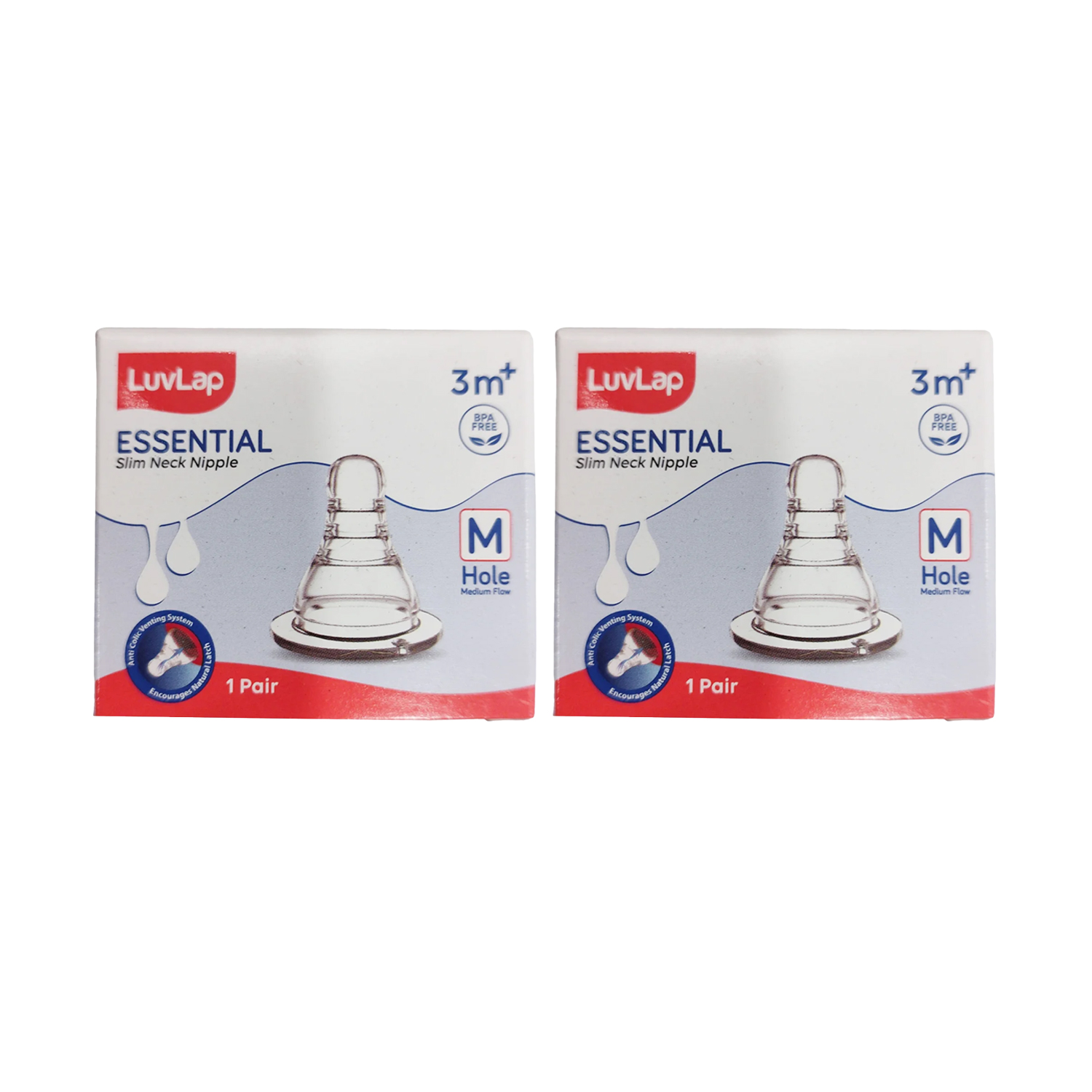 LuvLap Anti-Colic Essential Teat/Nipple for Slim Neck Bottle - Medium Flow 3M+ M Hole (Pack of 2)