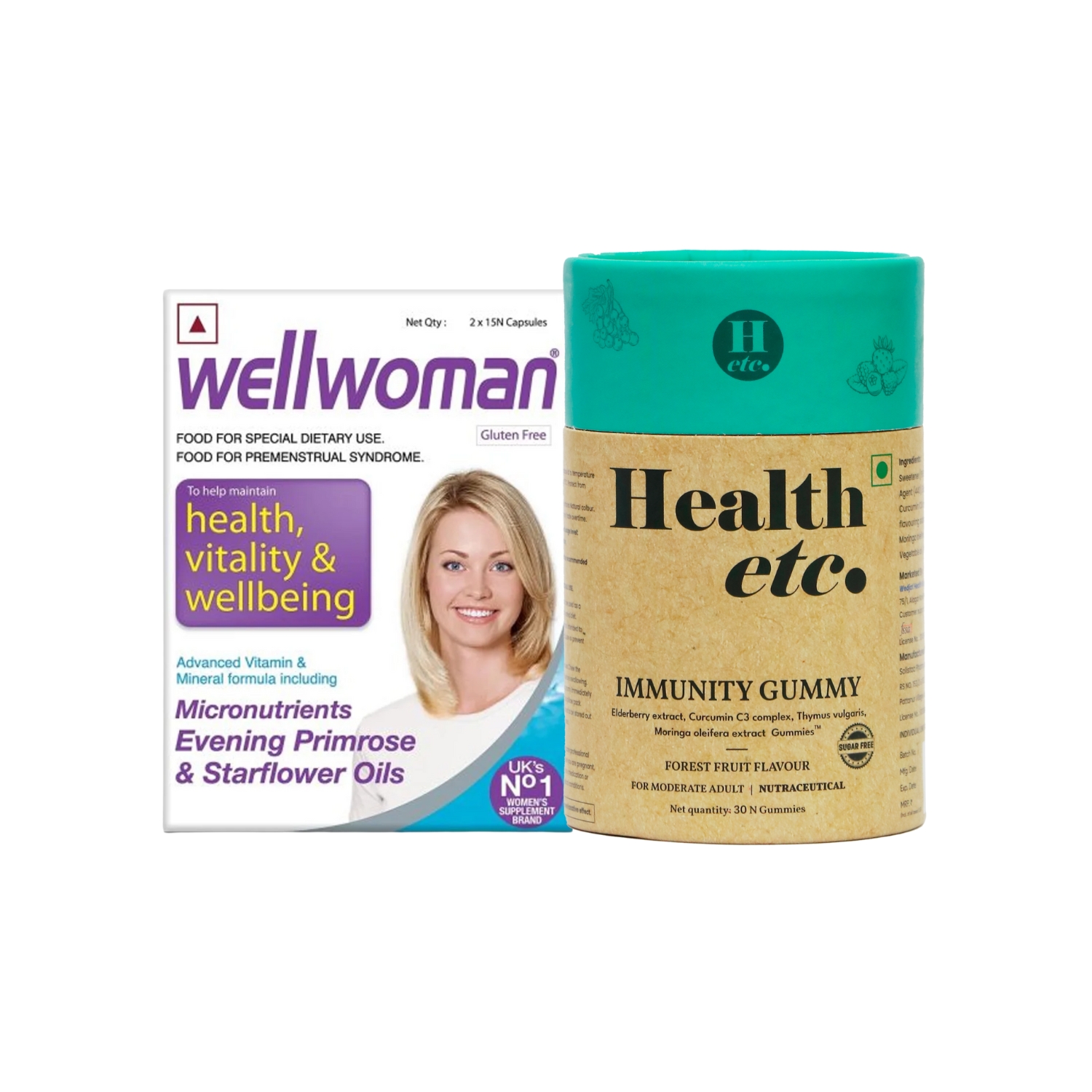 Premenstrual Womenâ€™s Multivitamin Support (Age 30+) (Vitabiotics Wellwoman 30 Capsules(2Ã—15â€™s) + Health etc Immunity Gummy (30 Gummies)