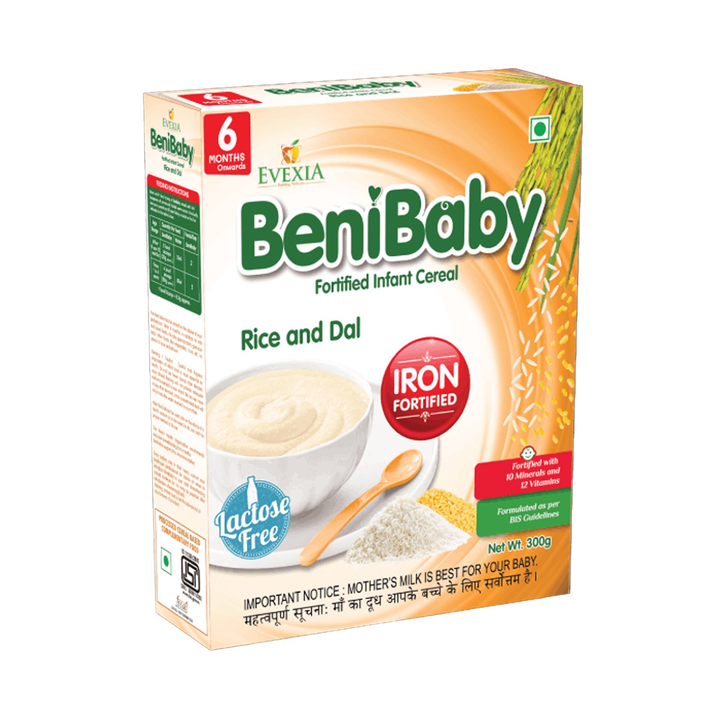 Evexia Benibaby Fortified Infant Cereal Stage 1 for Babies from 6+ Months (Rice and Dal Flavour) - 300g