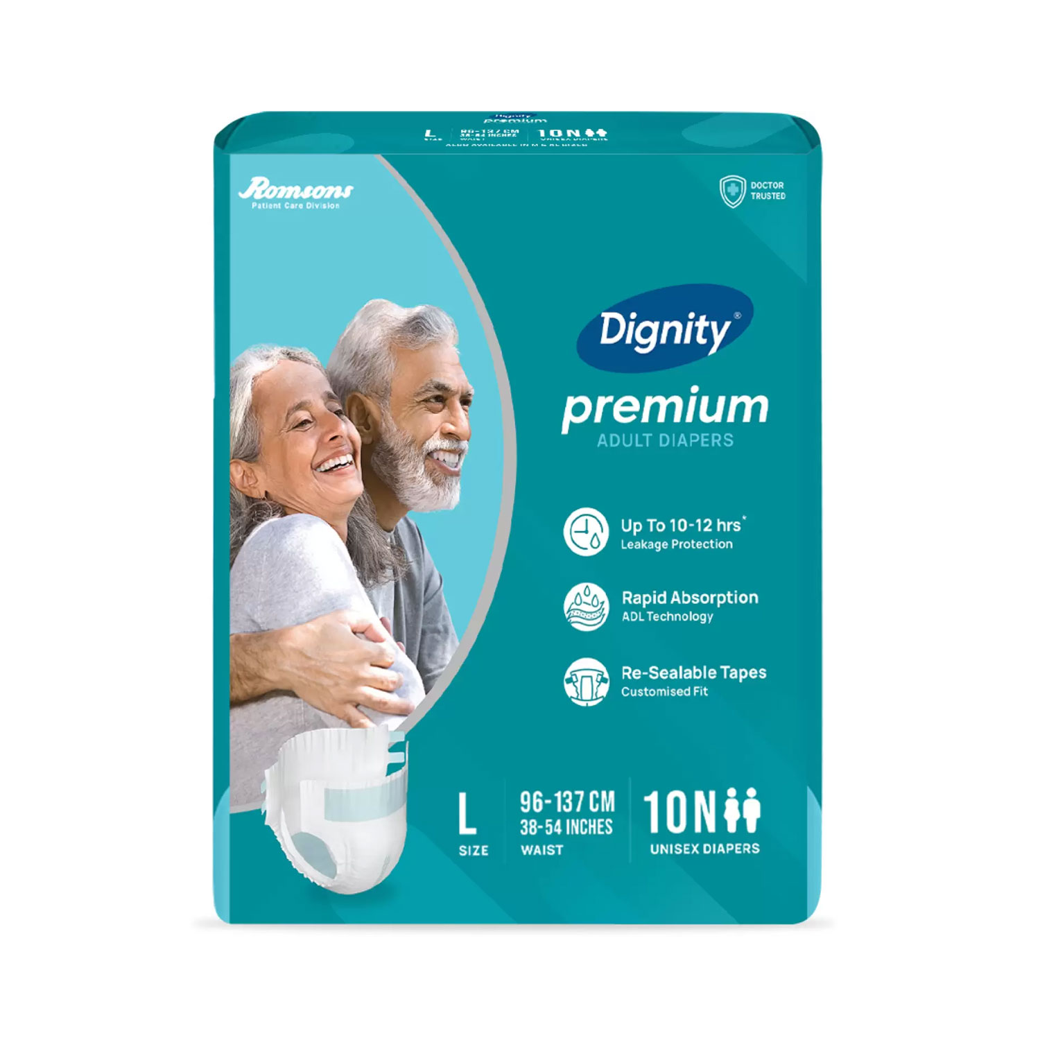 Romsons Dignity Premium Adult Diapers, Large, Waist Size 38" - 54", 10 Pcs