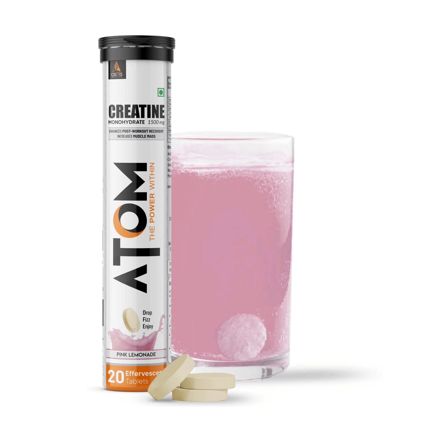 ASITIS Atom Creatine Monohydrate 1500mg Effervescent Pink Lemonade (20 Tablets)