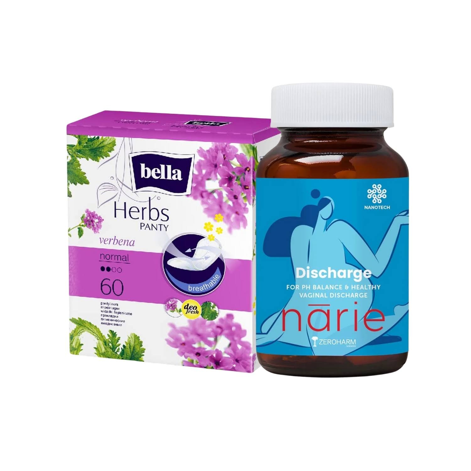 Everyday White Discharge Relief (Bella Herbs Panty Liners Verbana Normal for White Discharge and Light Spotting â€“ 60 Pieces + Zeroharm Narie Discharge â€“ 60 Veg Capsules)