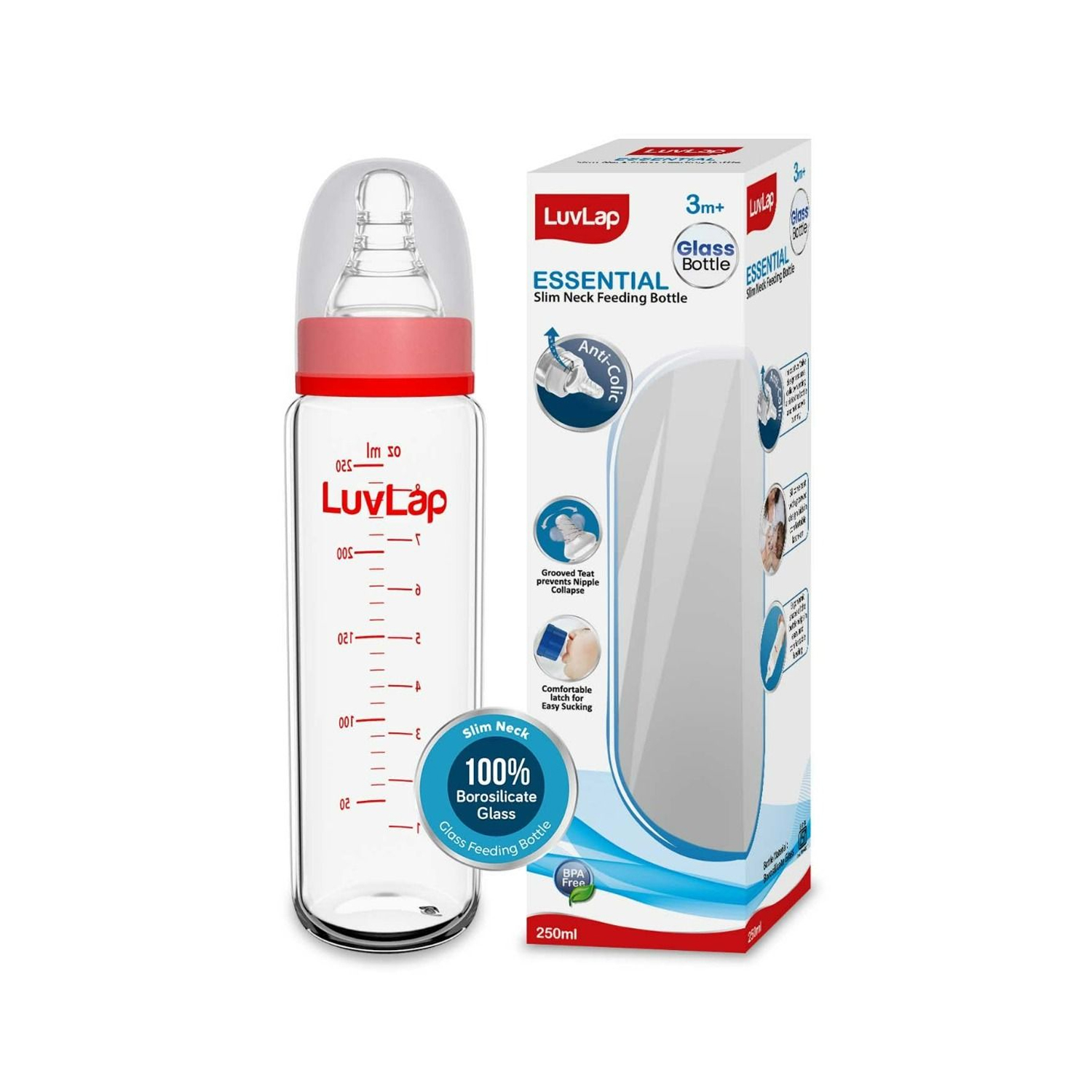 LuvLap Essential Slim Neck Glass Feeding Bottle - 250ml
