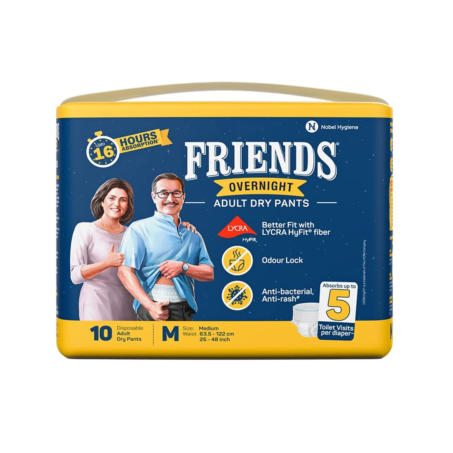 Friends Overnight Adult Diapers, Pant Style, 16 Hours Protection Medium Waist Size 63.5 -122 cm (10 Diapers)