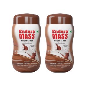 Endura Mass Weight Gainer | Mass Gainer | Gain Weight, Post Workout, 74 g Carbohydrate, 15 g Protein, Healthy Fats, Chocolate, Pack of 2 (500g each)