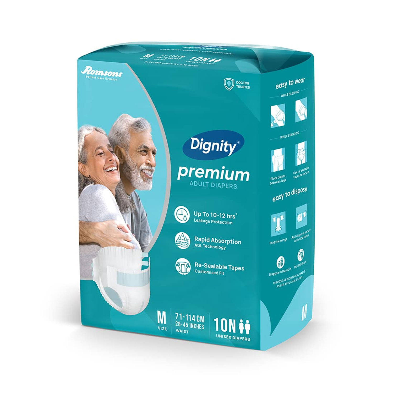 Dignity Premium Adult Diapers, Medium, Waist Size 28 - 45, 10