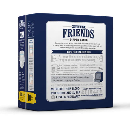 Friends Premium Adult Diapers Pant Style - 10 Count - L- with odour lock  and Anti-Bacterial Absorbent Core- Waist Size 30-56 Inch ; 76-142cm :  Amazon.in: Health & Personal Care