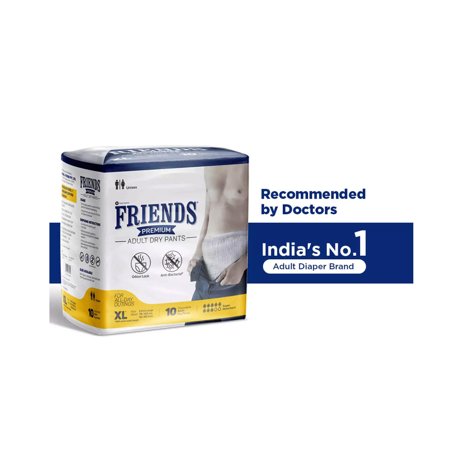 Friends Premium Adult Diapers Pant Style - 10 Count - M - Waist Size 25- 48  Inch ; 63.5-122cm - Medanand