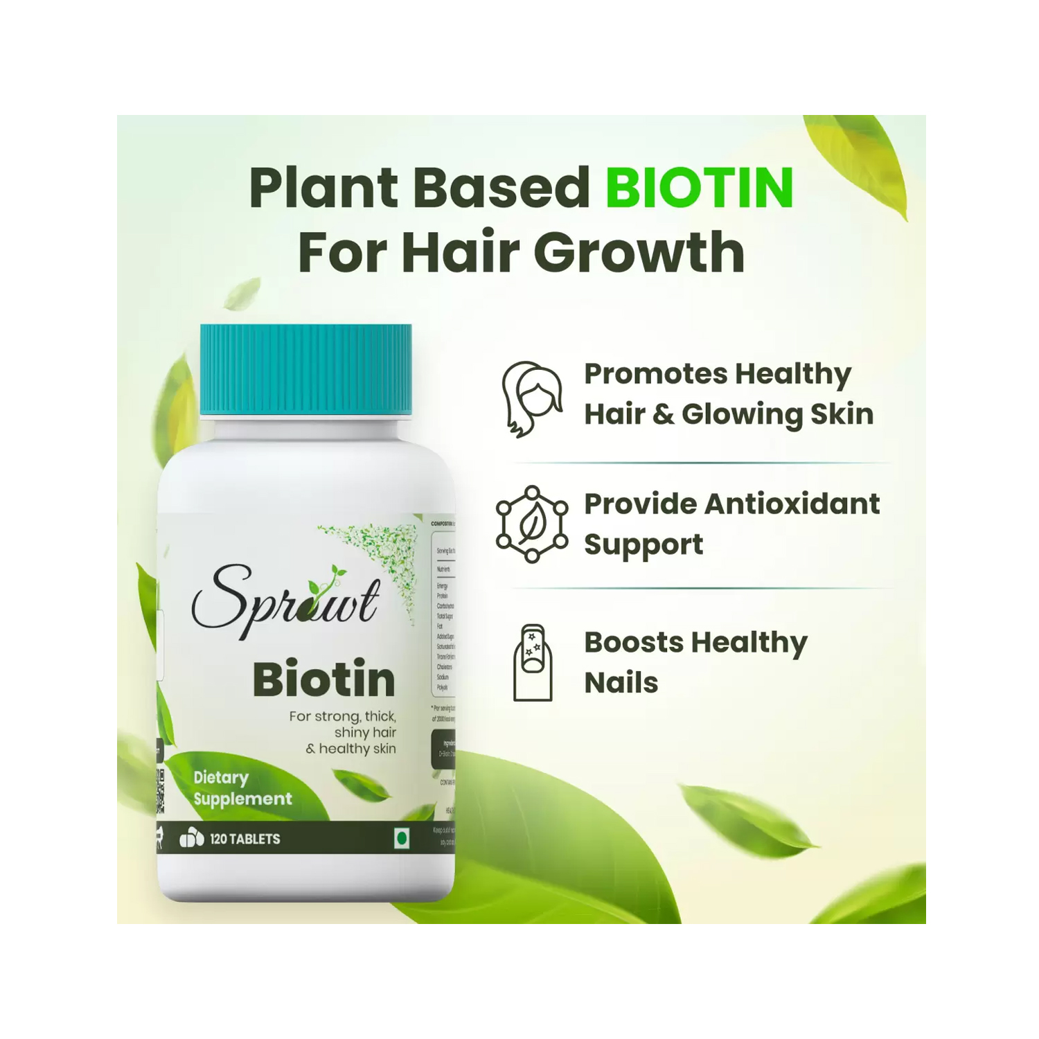 Sprowt Plant Based Hair Growth Biotin Tablets (10000mcg) for Strong