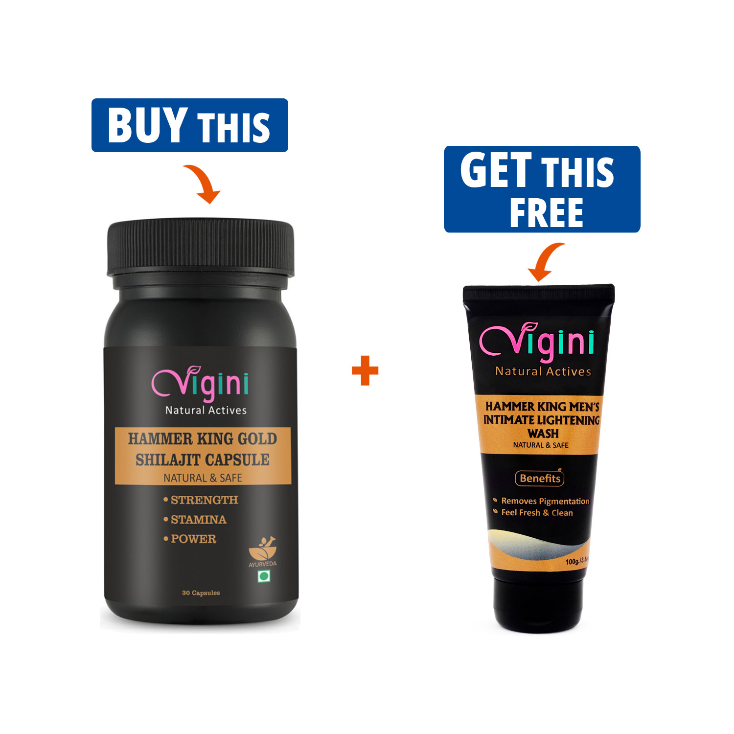 BUY Vigini Hammer King Gold Shilajit Capsules (30 capsules) and GET Vigini Hammer King Intimate