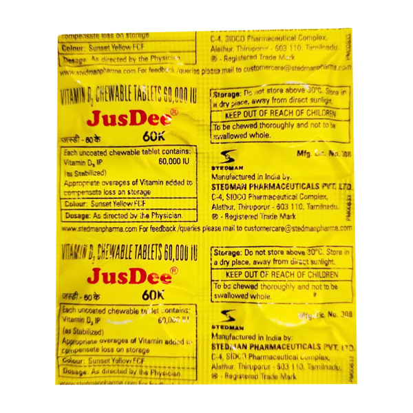 Jusdee Vitamin D3 60K Chewable Tablet (1×4 Tablets) Cureka Online