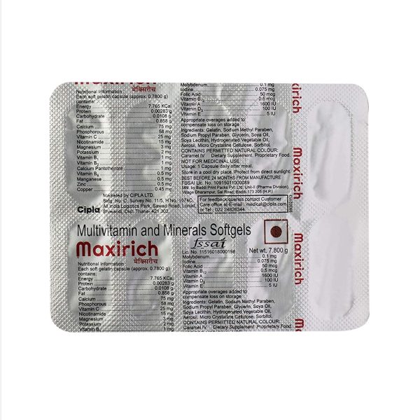Cipla Maxirich Daily Multivitamin and Minerals Softgels – 1x10s Strips