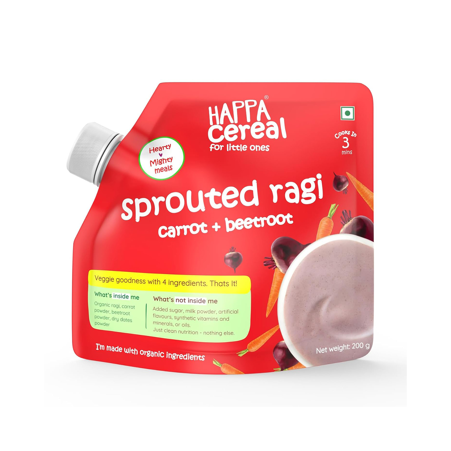 Happa Organic Sprouted Ragi with Carrot and Beetroot Porridge Mix, Stage 2, 6 Months+ – 200g